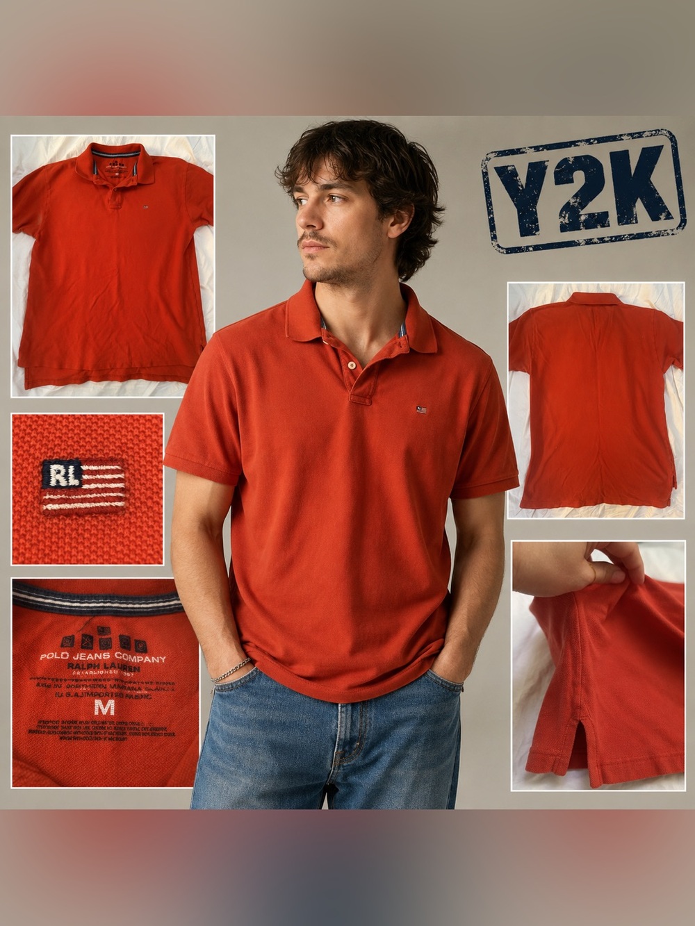 Vintage Y2K Polo Jeans Co Ralph Lauren Men’s M Red Pique’ Polo Flag Logo